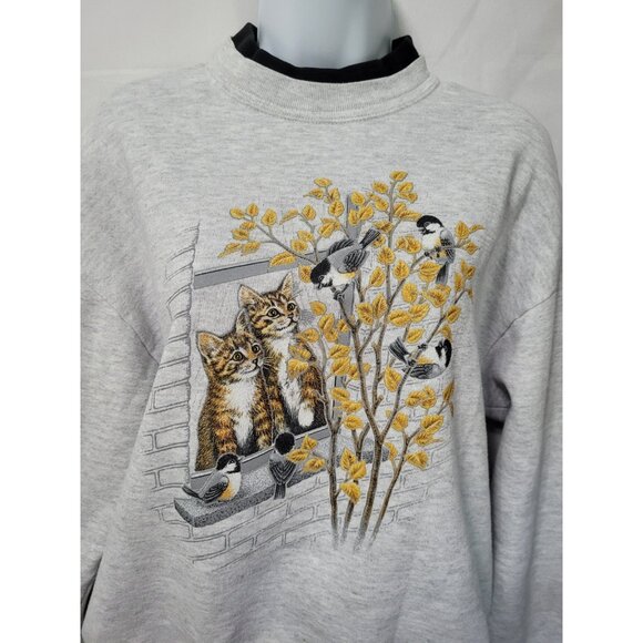 Vtg 90s Kitty Cat Double Crewneck Sweatshirt Medium Grandma Core Cats Birds USA - Picture 2 of 15